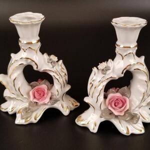 Vintage Dresden Floral Heart Candle Holder Set